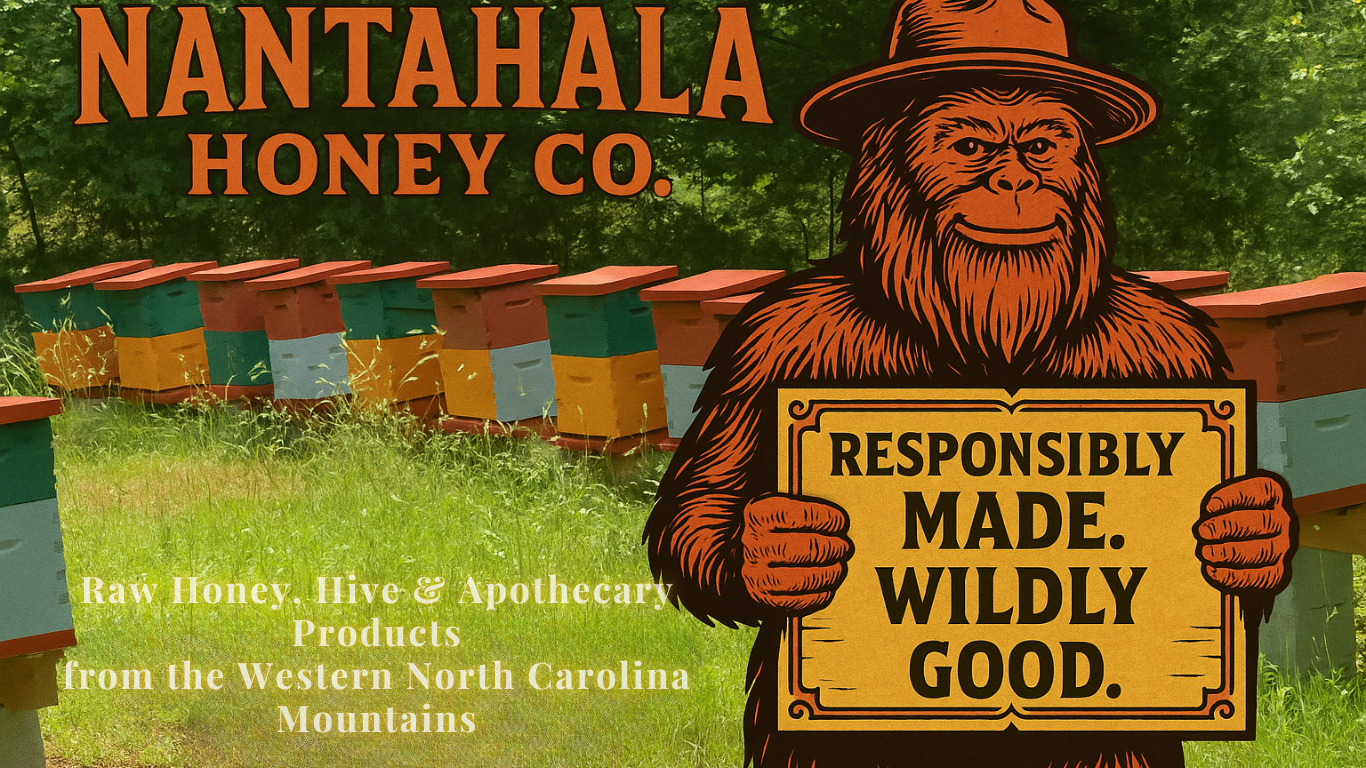 Squatch mascot with Appalachian mountain beehives – Nantahala Honey Company hero image”