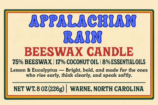 Image shows the words “Appalachian Rain – Lemon & Eucalyptus” in blue-green font on a kraft background. Below, it reads “natural beeswax, coconut oil, and essential oils / wooden wick / 4oz.” The design is minimal and vintage in style.