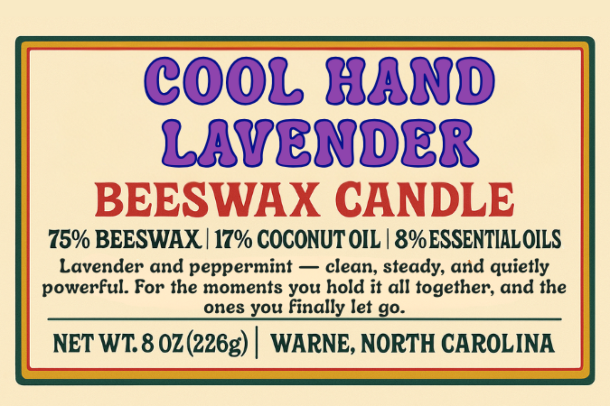 Cool Hand Lavender candle label featuring lavender and peppermint essential oils, hand-poured beeswax in a matte black tin, 4oz and 8oz