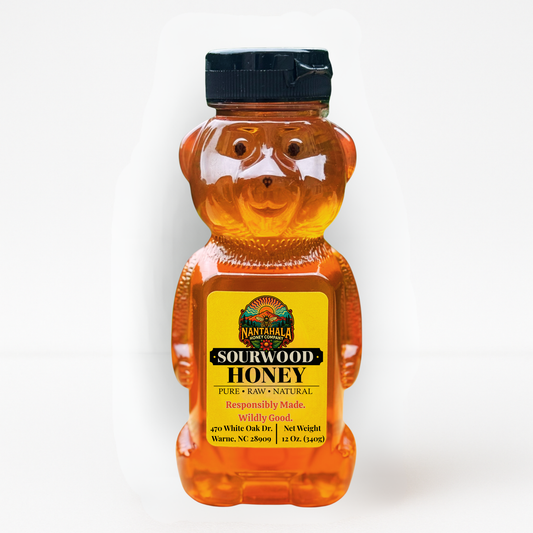 Nantahala Honey Company ¾ lb Sourwood Honey Bear – raw, unfiltered Appalachian sourwood honey in a classic black-lidded bear bottle.
